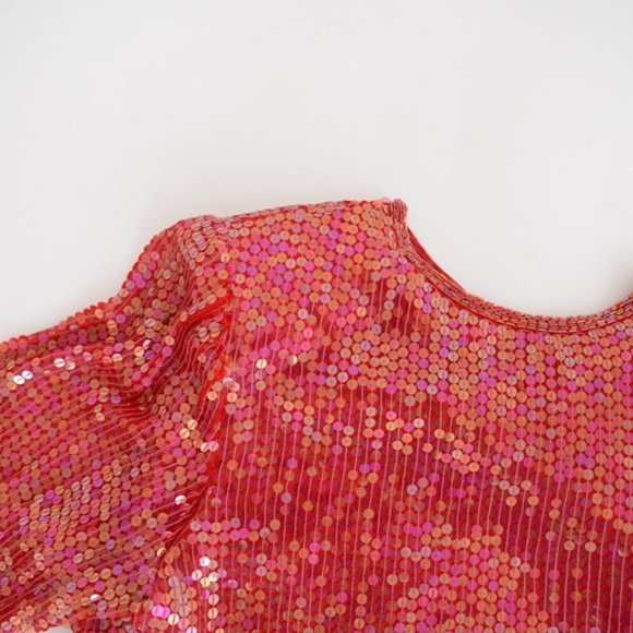 Lord &Taylor Red Sequin Long Sleeve 100% Silk Shirt with Shoulder Pads Small - Picture 9 of 10